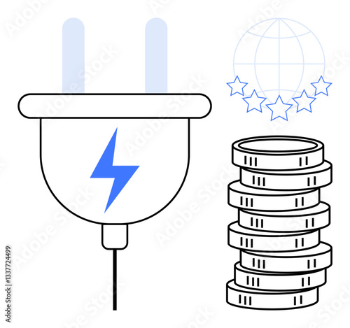 Electric plug with lightning icon next to stacked coins and global star network. Ideal for energy economy, savings, sustainability, green tech, renewable energy, global solutions, finance concepts