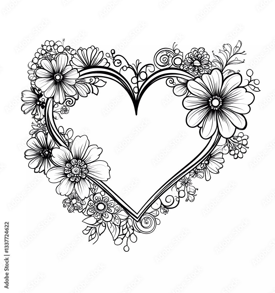 A heart-shaped frame with a floral henna design for a coloring book, vector illustration with simple line art in black and white