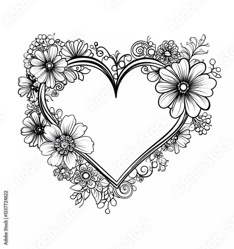 Obraz na płótnie A heart-shaped frame with a floral henna design for a coloring book, vector illustration with simple line art in black and white w salonie