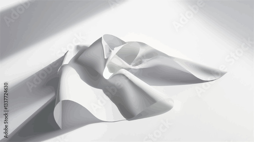 High-angle, close-up shot of a piece of white fabric draped and folded on a white surface. The fabric displays soft folds and wrinkles. Strong directional light creates distinct shadows across the