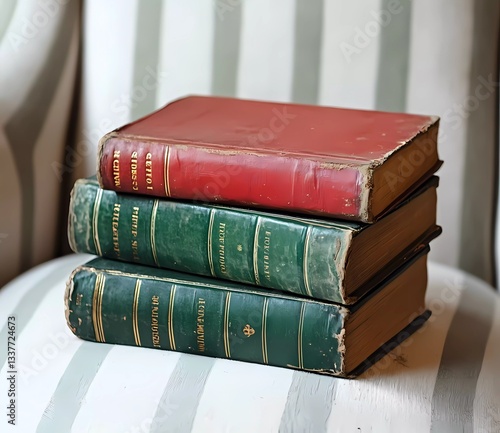 Obraz na płótnie A stack of three books, one red book on top and two green leather-covered books underneath, sitting in the middle w salonie