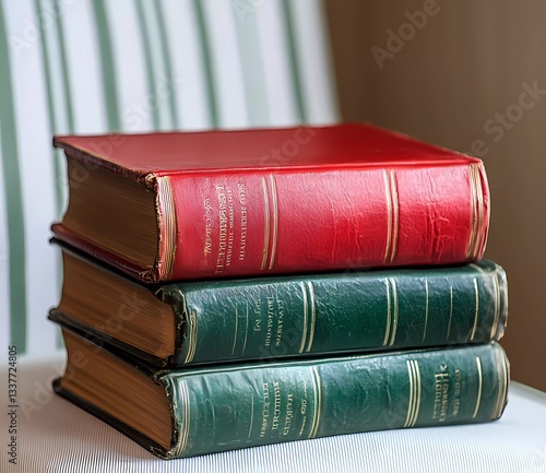 Obraz na płótnie A stack of three books, one red book on top and two green leather-covered books underneath, sitting in the middle w salonie