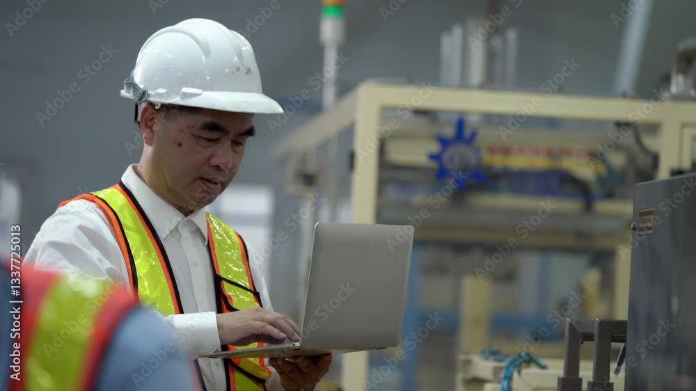 Engineer Manager Using Laptop to Check Production Line of Food Industry, Supervisor Checking Engineering Machinery in Production Line Engineer Manager Using Laptop to Check Production Line of Food Industry, Supervisor Checking Engineering Machinery in Production Line