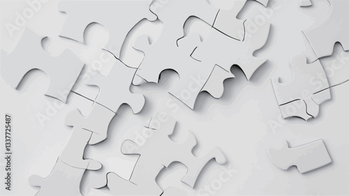 High-angle, close-up view of numerous white jigsaw puzzle pieces scattered irregularly on a plain white background. The pieces are interlocking, some partially connected, and the overall impression
