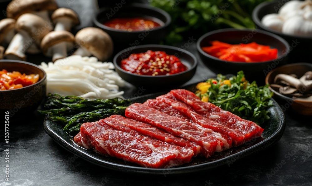 Korean BBQ ingredients ready to cook. Sliced beef, vegetables, and sauces arranged for a delicious meal Korean BBQ ingredients ready to cook. Sliced beef, vegetables, and sauces arranged for a delicious meal
