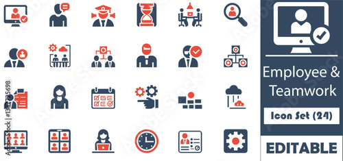 This set of 24 professional icons illustrates key aspects of employees and teamwork. Perfect for business, websites, and apps, featuring clean lines and a modern style.