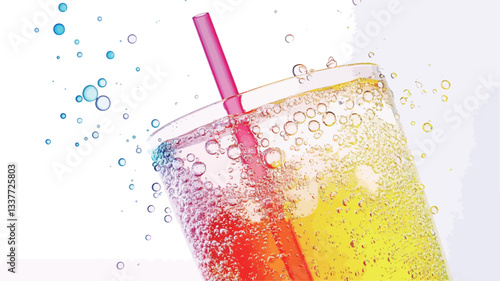 Close-up shot of a glass filled with a sparkling, yellow-orange colored beverage.  A pink straw is inserted into the drink.  Numerous small bubbles are visible throughout the liquid, indicating