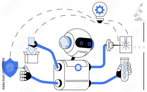 Robot performing lab test, innovation, gear operation, packaging, fingerprint scanning, and laser use. Ideal for AI, robotics, innovation automation security science futuristic concepts flat