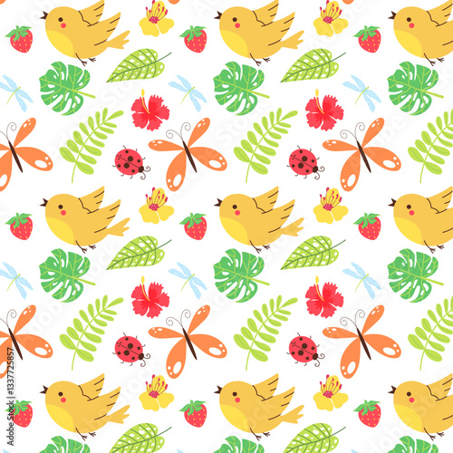 Colorful summer seamless pattern, summertime, bird, butterfly, leaves, flowers, strawberry, flat style vector background