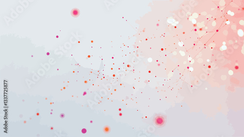 An abstract image featuring a light gray background sparsely scattered with small pink, gold, and rose gold glitter particles. The glitter is concentrated more densely towards the bottom right