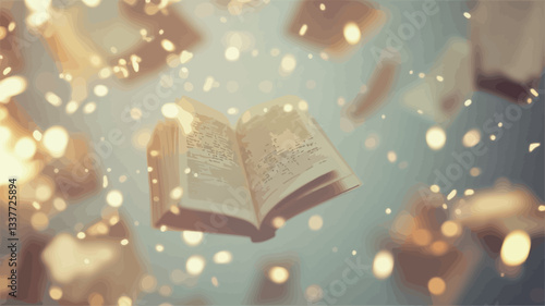 The image shows an open book levitating against a light teal background.  Numerous out-of-focus, warm-toned bokeh lights appear to float around the book, creating a dreamy, magical atmosphere. The
