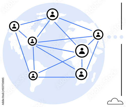 Globe and interconnected icons representing people linked by network lines. Ideal for communication, collaboration, globalization, technology, connectivity, teamwork, innovation. Flat simple metaphor