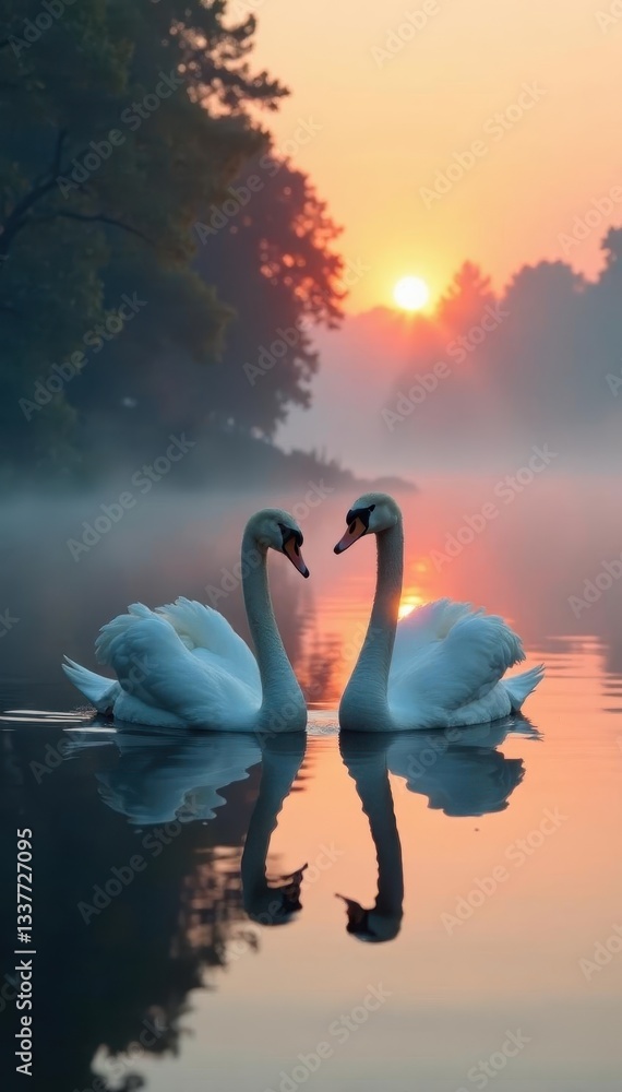 Fototapeta premium Two swans swim at dawn, mist hangs over still water, waterfowl, animal photography