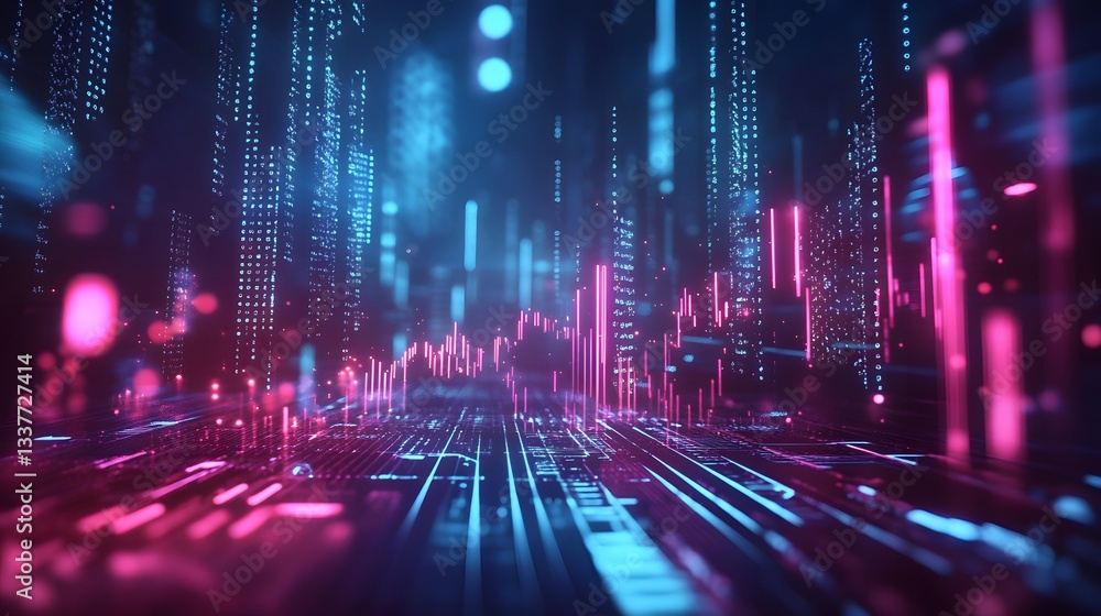 Abstract Futuristic Cityscape with Glowing Neon Lights and Digital Data Streams Abstract Futuristic Cityscape with Glowing Neon Lights and Digital Data Streams