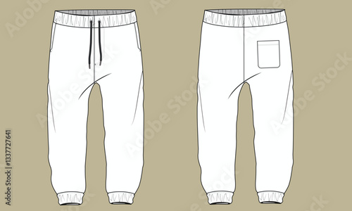Men's Jogger Technical drawing Fashion flat sketch front and back views vector illustration template.