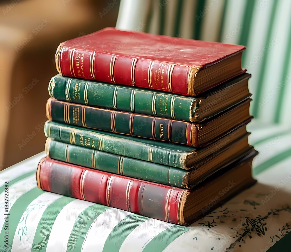 Red book with green leather spines on a striped chair, close-up