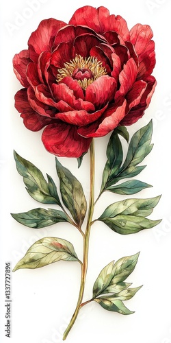 Vibrant Red Peony Flower with Lush Green Leaves Perfect for Nature Illustrations and Botanical Designs