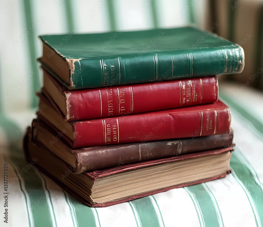 Red book with green leather spines on a striped chair, close-up