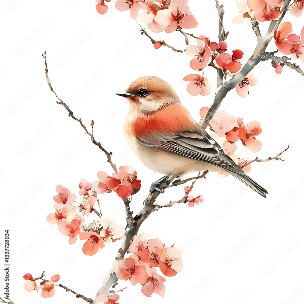 Fototapeta premium A delicate watercolor painting depicts a small bird perched on a blossoming branch of delicate pink flowers against a stark white background.