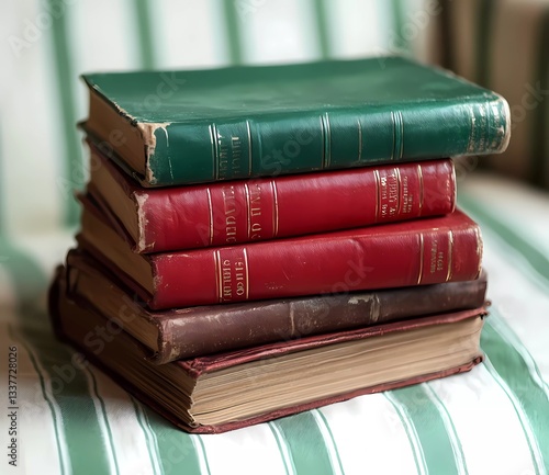 Obraz na płótnie Red book with green leather spines on a striped chair, close-up w salonie