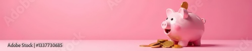 Pink background, cheerful piggy bank; gold coin falls into slot, money savings, piggy bank, deposit