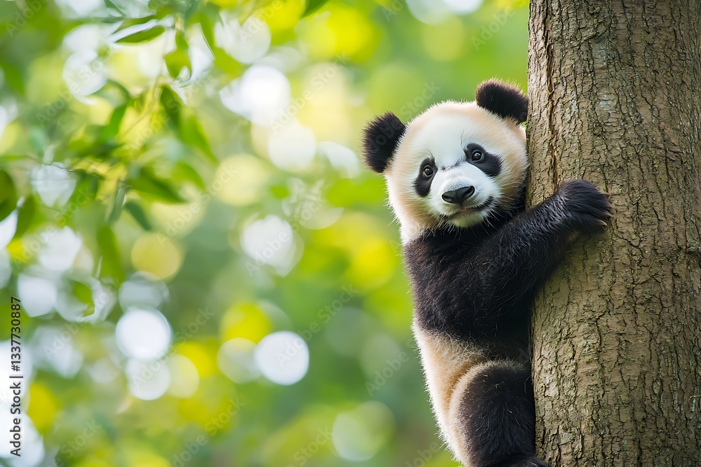 Obraz premium Panda climbing tree in the lush green forest background, wildlife scene for conservation