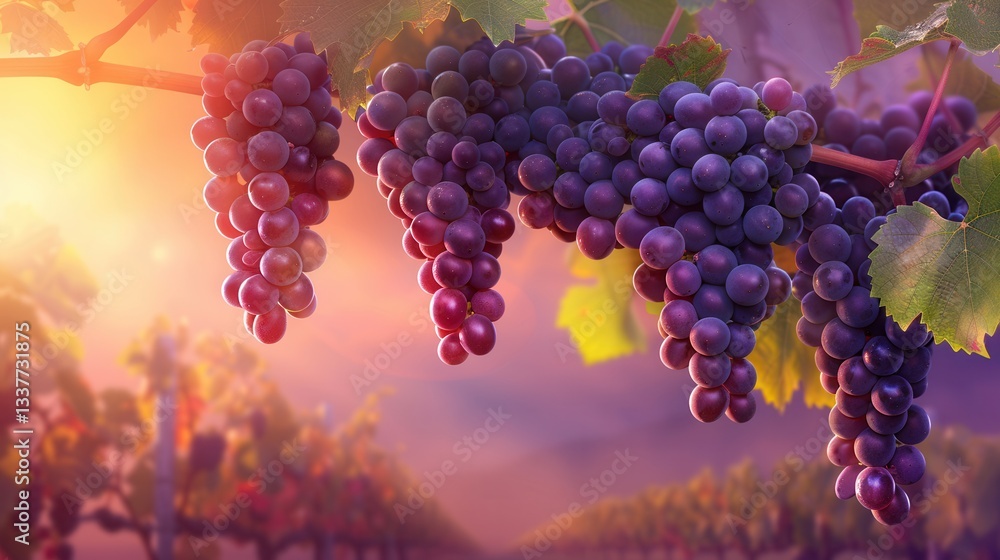 Fototapeta premium vibrant vineyard scene with ripe purple grapes hanging from vine, bathed in warm sunlight. lush leaves and distant rows of vines create serene and abundant atmosphere