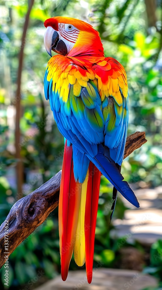 Obraz premium Colorful parrot perched on a branch outdoors, vibrant colors, blurred background