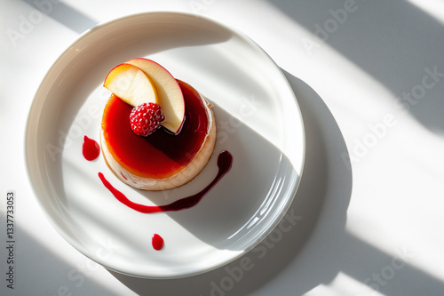 Fototapeta Naklejka Na Ścianę i Meble -  foie gras with apple and berry sauce in a white plate on a white background with sunlight and shadows,blank background for copy space