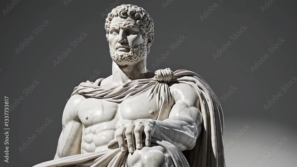 Close-up of an ancient Greek marble statue depicting a muscular male ...