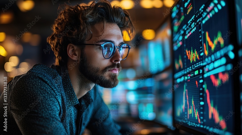 Trader analyzes stock market data at multiple screens in a dimly lit office Trader analyzes stock market data at multiple screens in a dimly lit office
