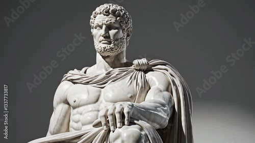 Close-up of an ancient Greek marble statue depicting a muscular male figure in dramatic lighting, showcasing intricate craftsmanship and classical art details.