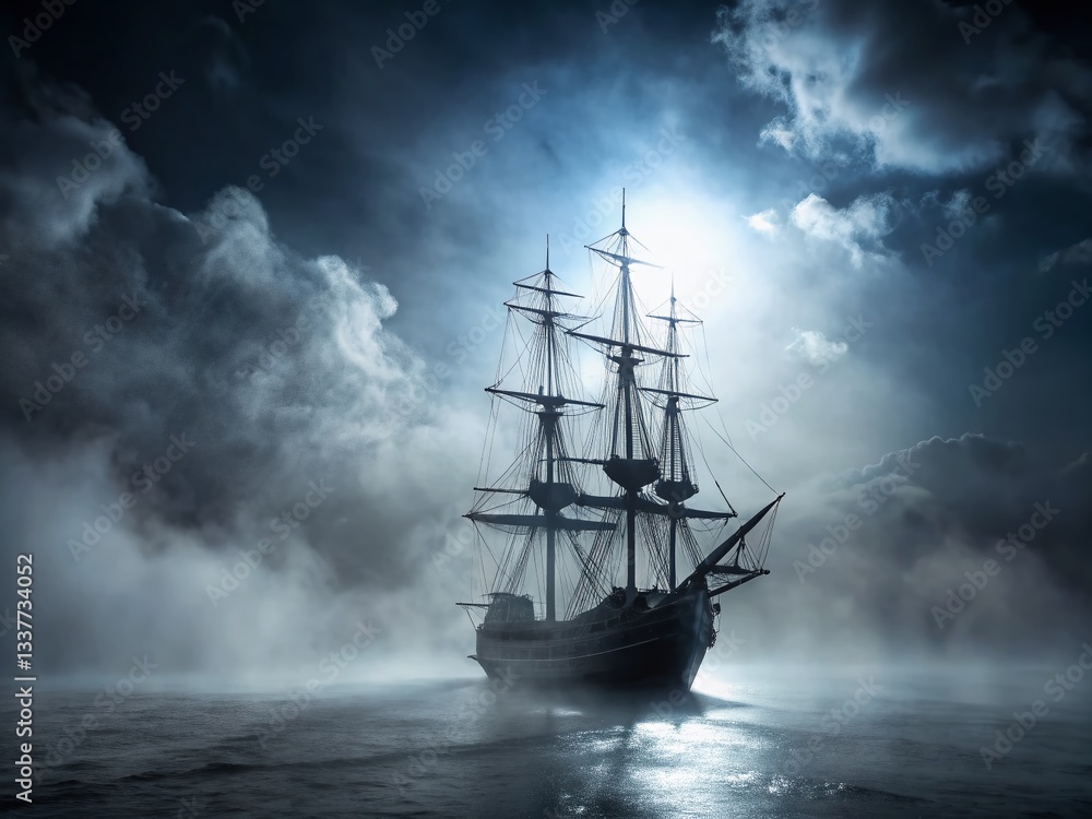 Fototapeta premium Minimalist Pirate Ship in Mystical Fog: Atmospheric Stock Photo