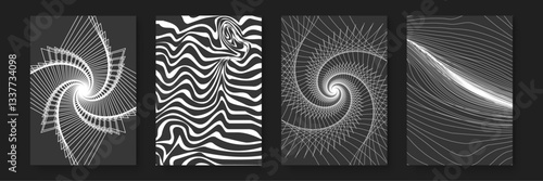 abstract black and white geometric patterns showcasing circular, line and spiral designs on minimal design poster vector background, Ideal design for social media, banner, ads