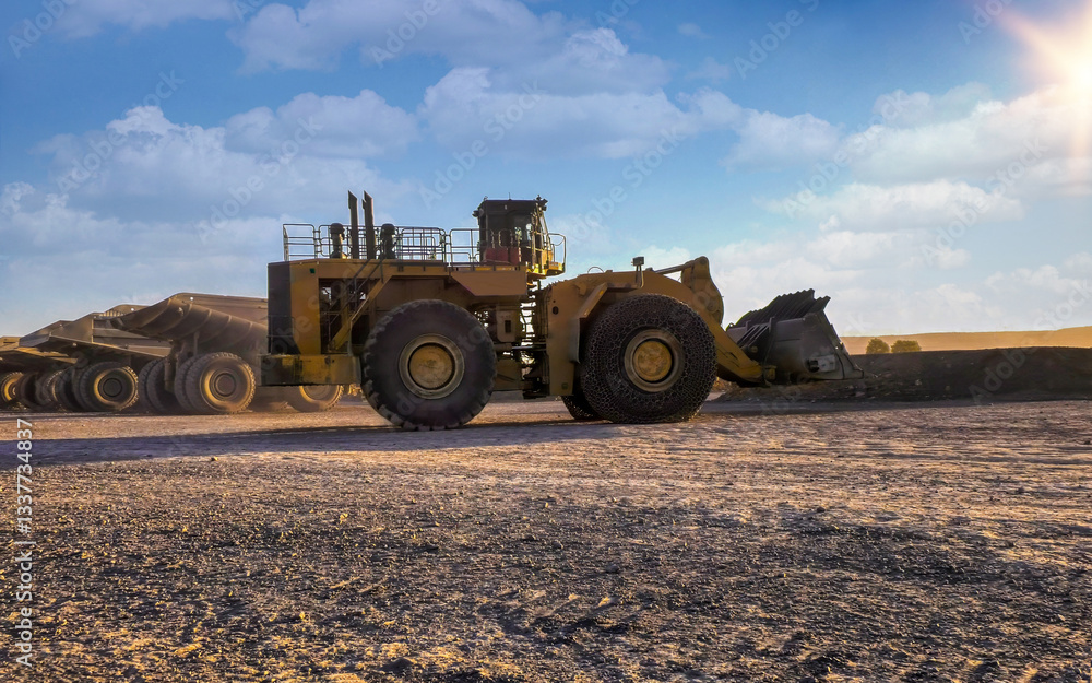 Obraz premium wheel loader at a diamond mine with parked mining trucks at sunset