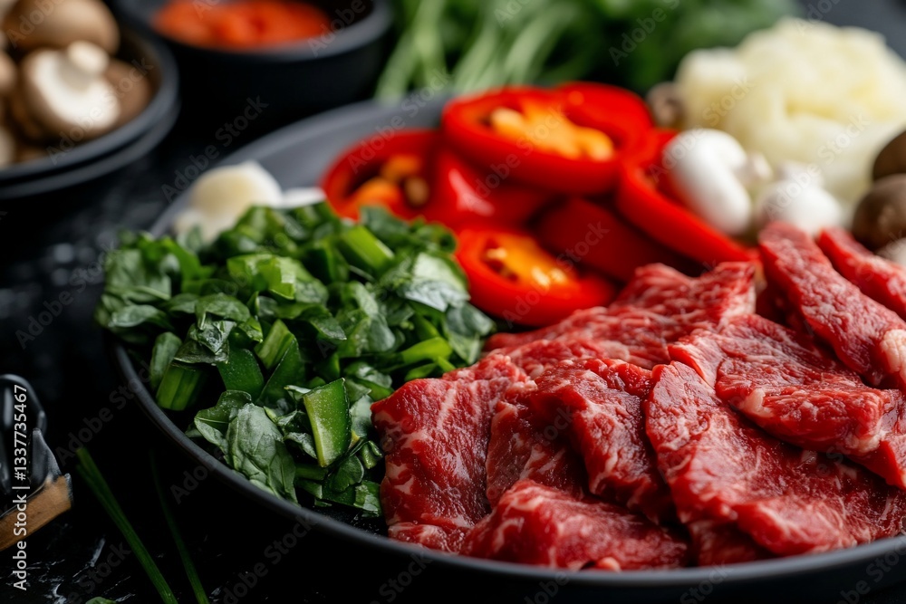 Freshly prepared ingredients for a flavorful, healthy dish. Sliced beef, colorful bell peppers, mushrooms, and green leafy vegetables arranged artfully on a dark plate. Ready to cook Freshly prepared ingredients for a flavorful, healthy dish. Sliced beef, colorful bell peppers, mushrooms, and green leafy vegetables arranged artfully on a dark plate. Ready to cook