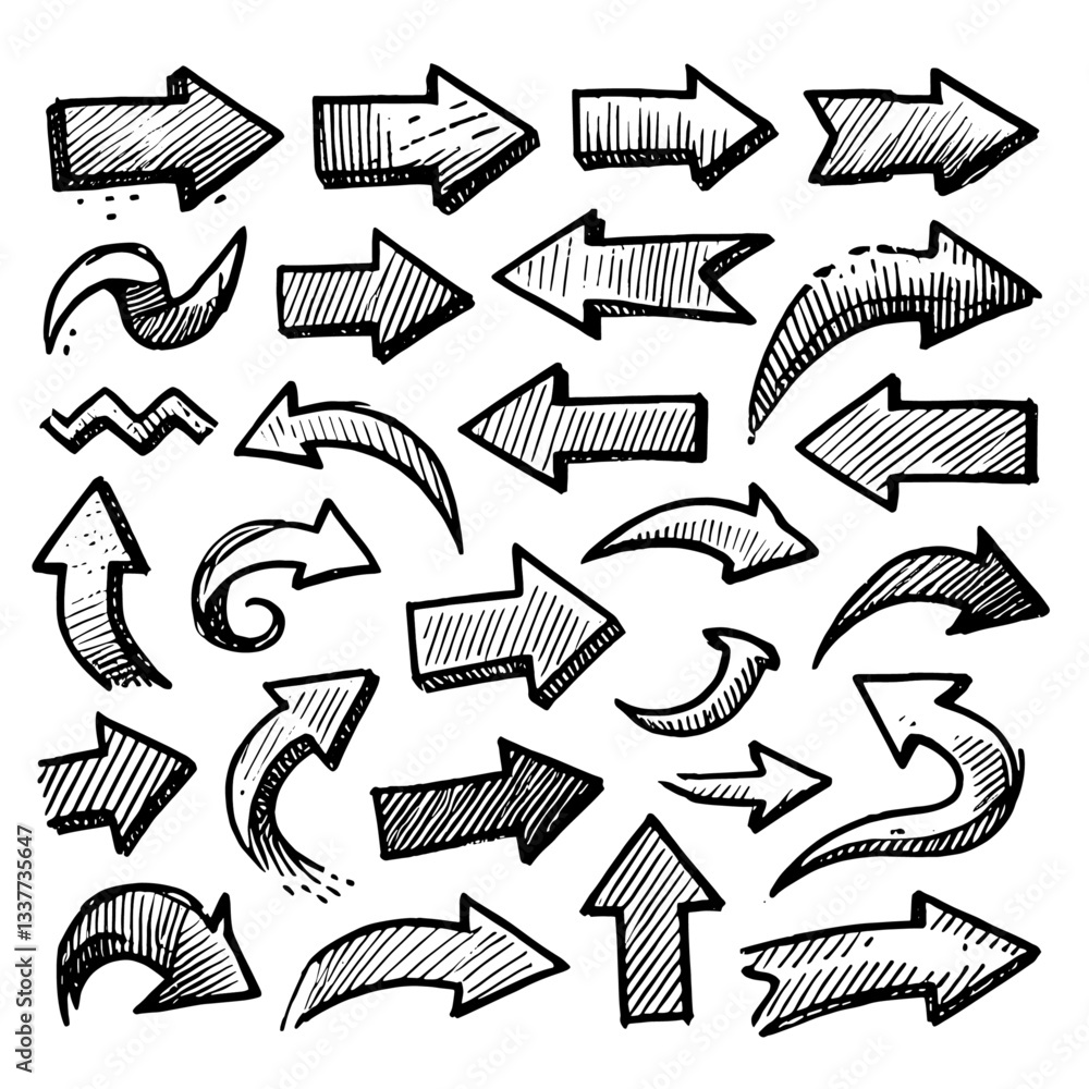 Set of black hand drawn arrows in multiple shapes Set of black hand drawn arrows in multiple shapes