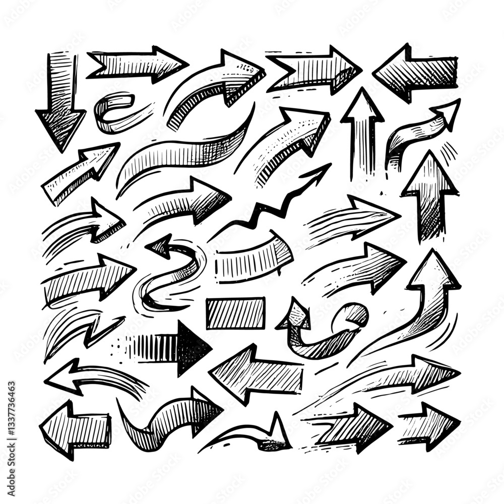 Set of black hand drawn arrows in multiple shapes Set of black hand drawn arrows in multiple shapes