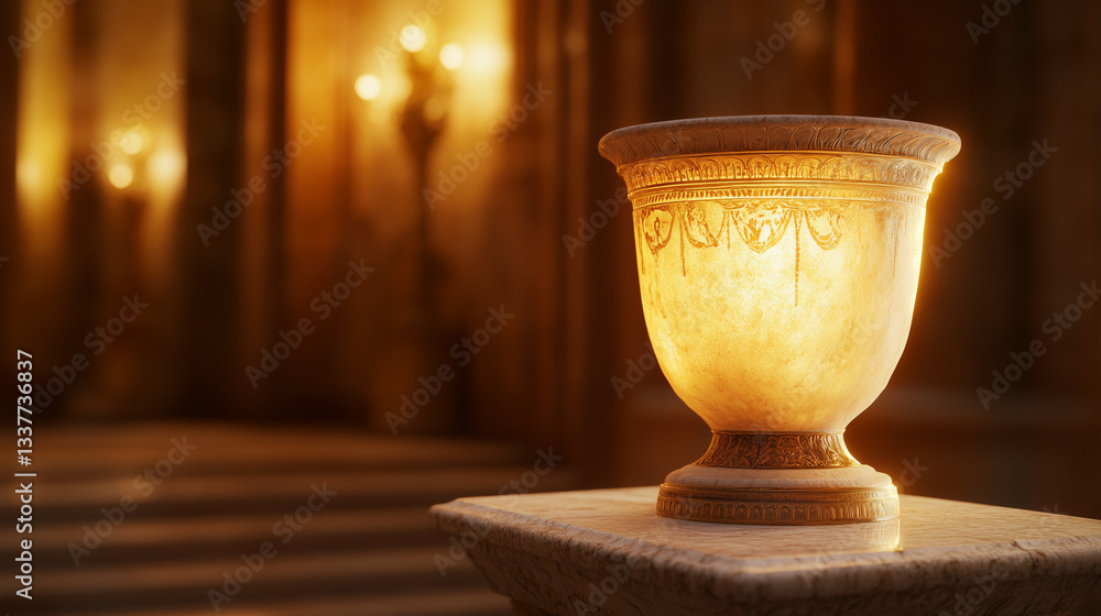 Glowing ancient artifact on marble pedestal, intricate details in soft light, timeless elegance in museum setting. Glowing ancient artifact on marble pedestal, intricate details in soft light, timeless elegance in museum setting.