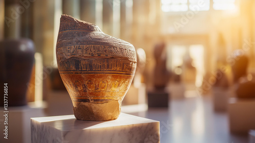 Glowing ancient artifact on marble pedestal, intricate details in soft light, timeless elegance in museum setting.