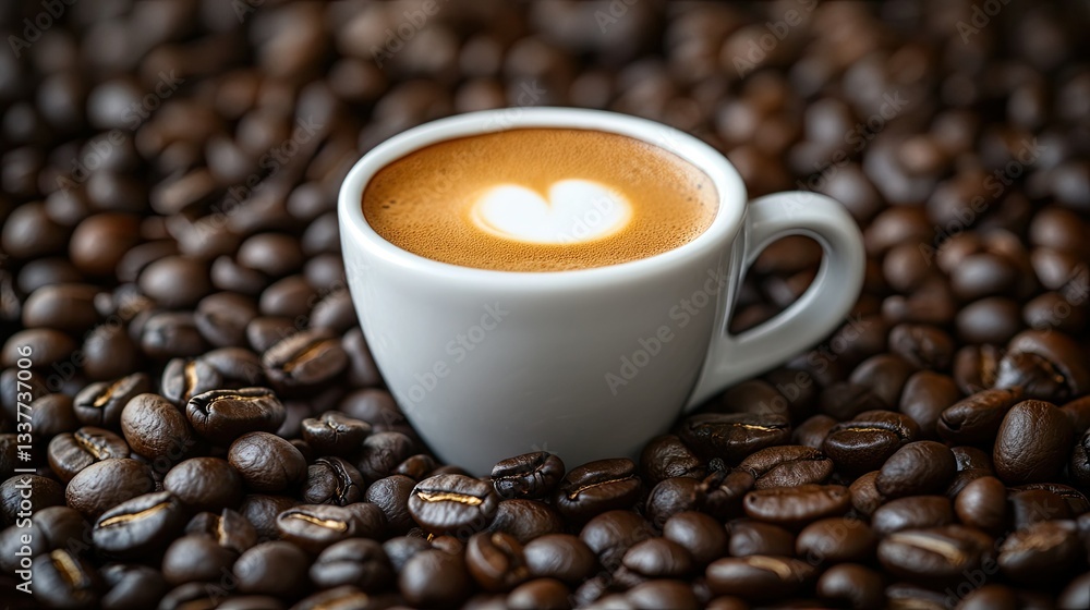 Fototapeta premium A stylish espresso cup with frothy coffee, surrounded by rich brown coffee beans