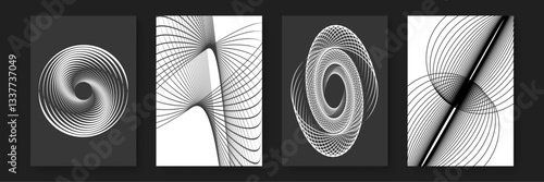 dynamic black and white abstract line patterns, spirals and curves in unique designs poster vector background, great for poster or fine art and banners