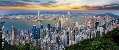 Photography High angle view of skyscrapers at dusk over the financial district in central Hong Kong, China