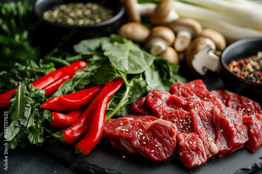 Fresh beef and vegetables ready for a delicious stir-fry. Sliced beef, red chilies, greens, mushrooms, and sauces are arranged on a slate board Fresh beef and vegetables ready for a delicious stir-fry. Sliced beef, red chilies, greens, mushrooms, and sauces are arranged on a slate board
