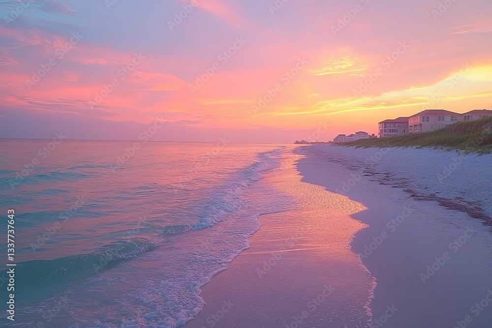A beautiful coastal scene displays a serene sunset over the ocean A beautiful coastal scene displays a serene sunset over the ocean