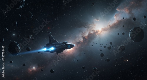 Futuristic spacecraft travels through space amidst asteroids and starlight