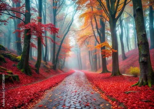 Misty Autumn Forest Path: Red Leaves & Stone Road - Fantasy Game Background