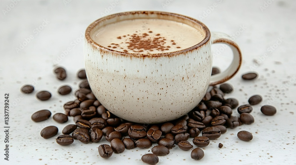 Cup of freshly brewed coffee with rich foam, surrounded by coffee beans Cup of freshly brewed coffee with rich foam, surrounded by coffee beans