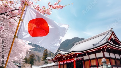 Japanese flag waves proudly amidst cherry blossoms near traditional temple, set against backdrop of mountains under clear blue sky