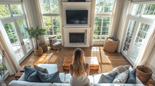 Free Download Woman sitting on couch, modern home interior, sunlight streaming through windows - GFXLoad